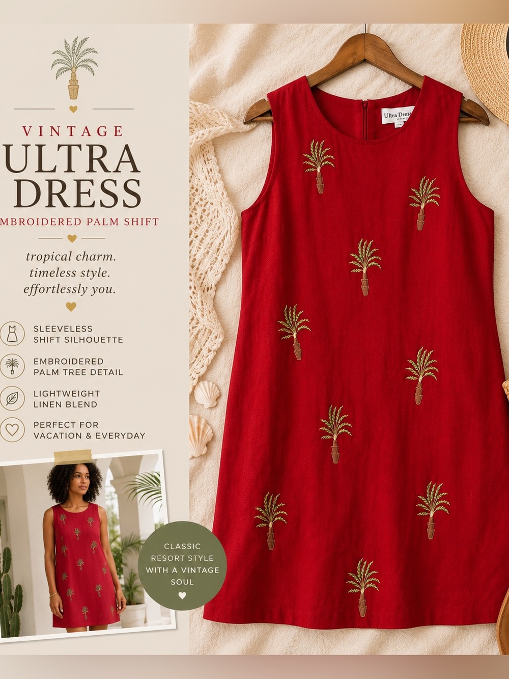 Vintage Sleeveless Embroidered Palm Tree Linen Blend Shift Dress